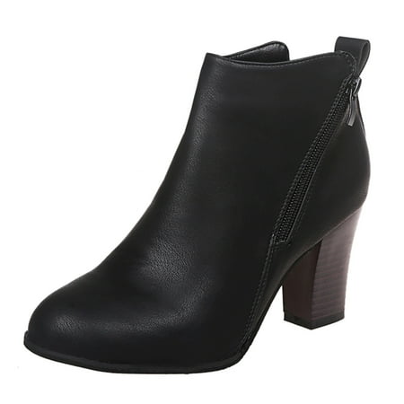 TAIAOJING Women Boots Retro Leather Square Heel Zipper Solid Color Short Booties Round Toe Winter Warm Shoes