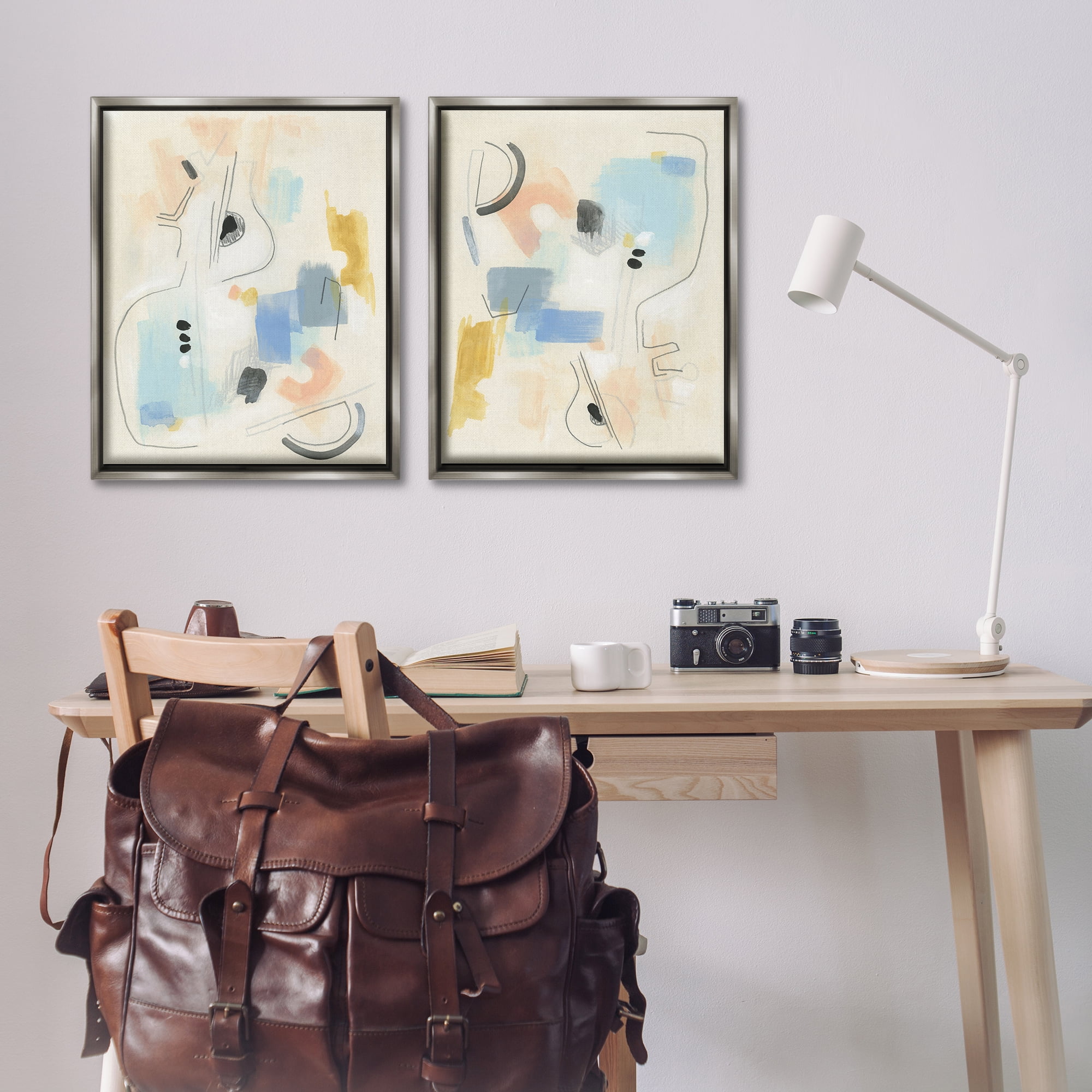 Stupell Industries Pastel Shapes Lines Patches Abstract Painting Gray Floater Framed Canvas Art Print Wall Art, 31 x 25, Set of 2