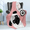 thumbnail image 4 of Pug Soft Flannel Fleece Throw Blanket, I Love Dogs with a Paw Print Emblem Pug with Tilted Head Fun Animal Print, Cozy Plush for Indoor and Outdoor Use, 60" x 80", Pink Black White, by Ambesonne, 4 of 5