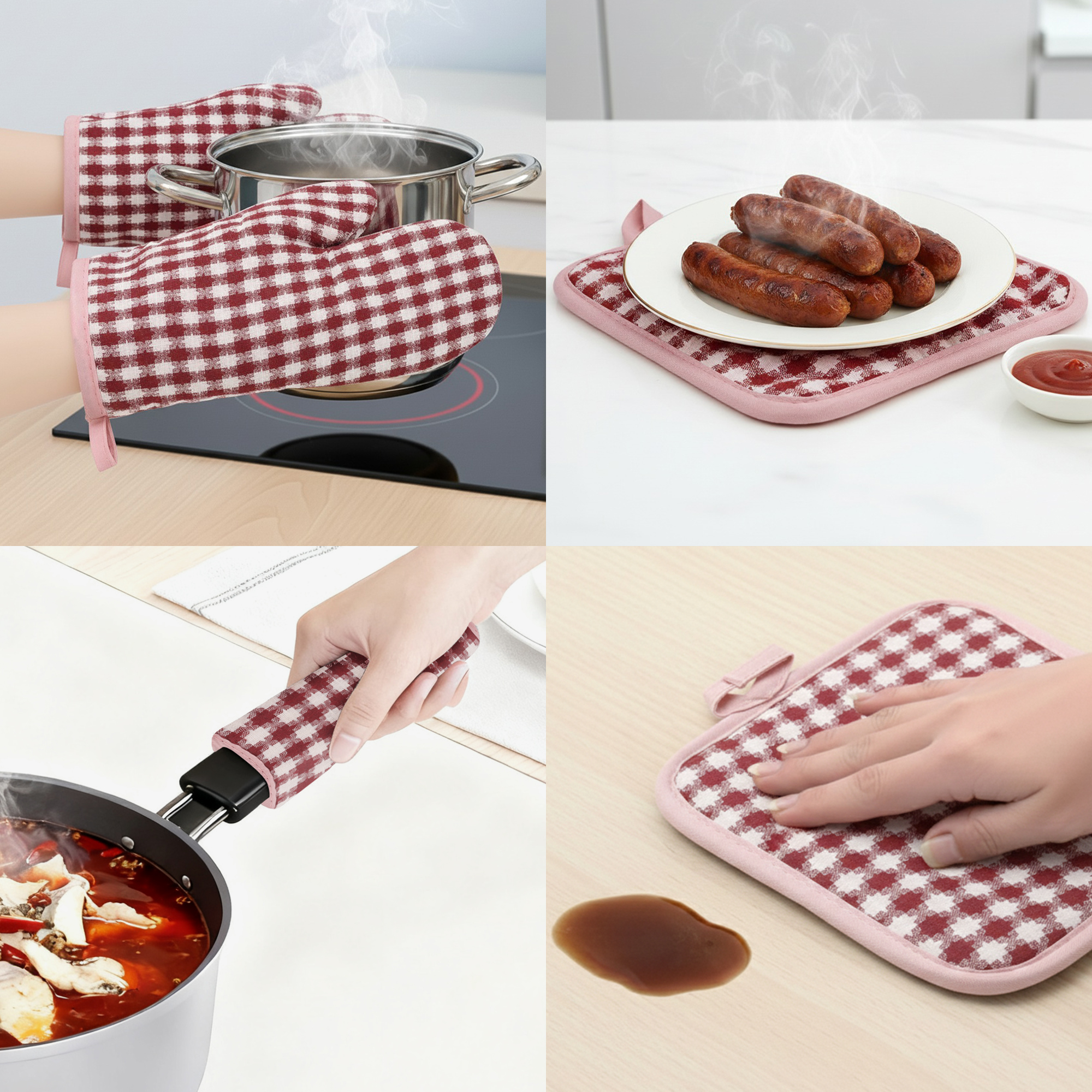 Unique Bargains Pot Holders Set Heat Resistant Oven Mitts Red 9.8x6.7inch