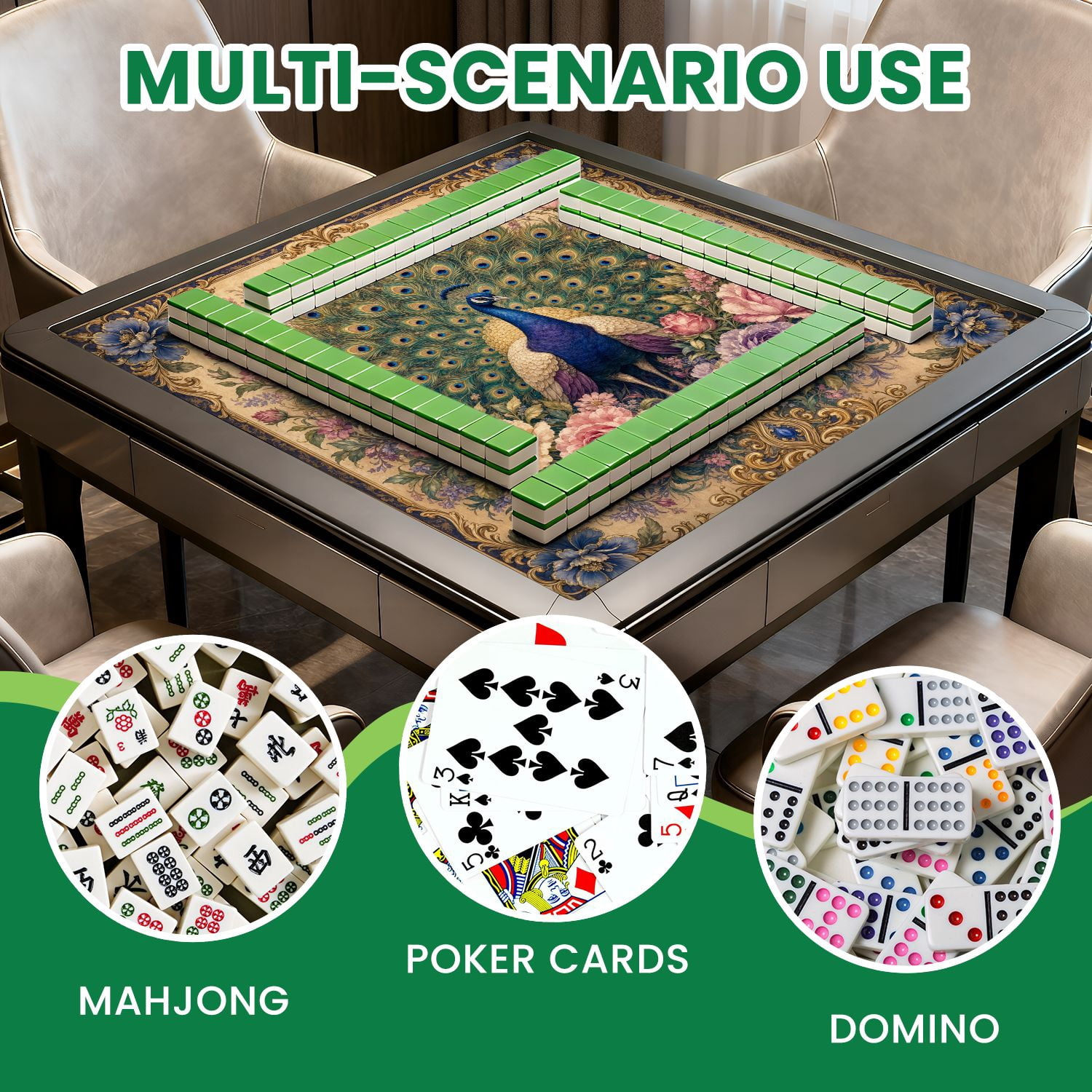 Mahjong Mat 31.5" x 31.5" Elegant Peacock Floral Golden Frame Vintage Style Non-Slip Noise Reduction Mahjong Tiles Table Cover for Dominoes Poker Card Board and Tile Games
