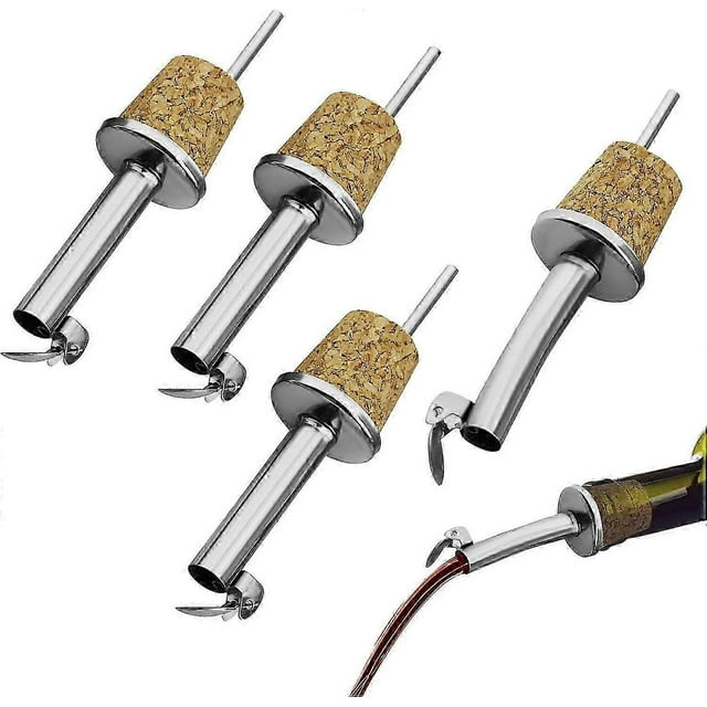 4 Pcs Stainless Steel Cork Olive Oil Pourers Oil Bottle Spouts Vinegar Dispenser with Hinged Flip Top Cap for Wine, Syrup, Liquor