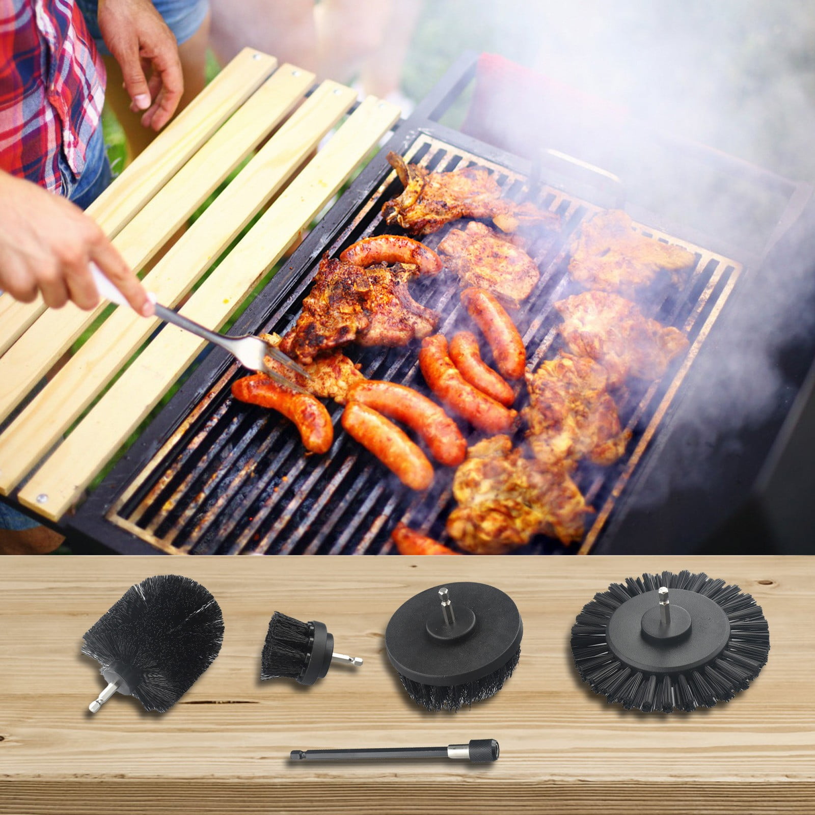 5 peice BBQ grill brush wire and safe to use with a drill cordless or cord