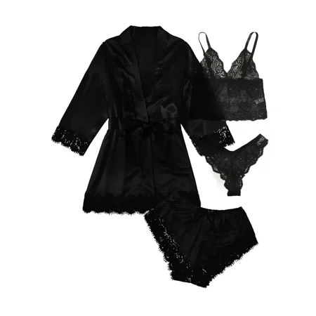

Women‘s 4 Pieces Comfortable Satin Floral Lace Cami Top Lingerie Pajama Set With Robe