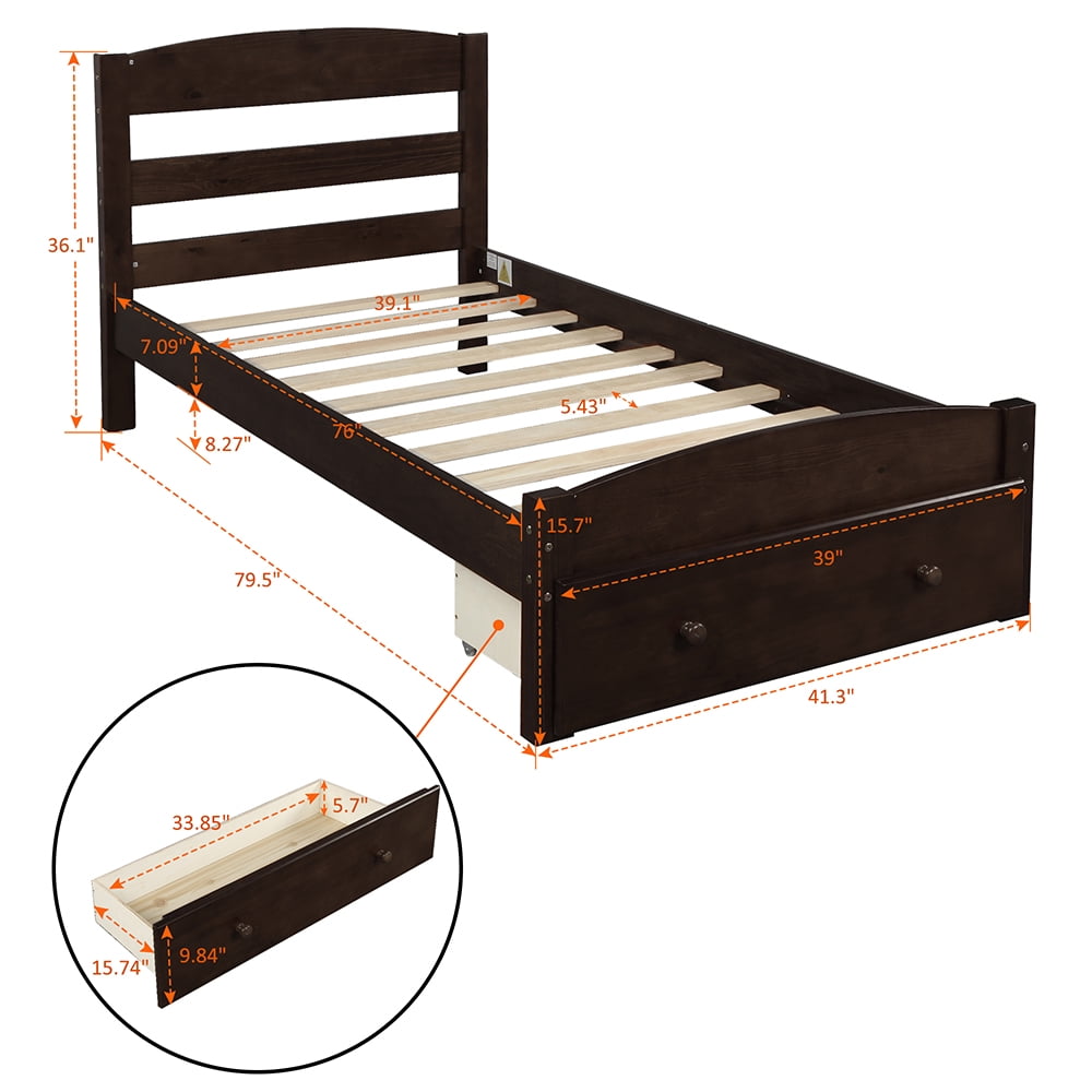 Twin Platform Beds with Storage Drawers, Wood Bed Frame with Slat Support, Espresso Twin Platform Beds with Storage Drawers, Wood Bed Frame with Slat Support, Espresso