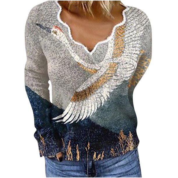 Sudadera Para Mujer Sudaderas Gráficas Vintage Casual Cuello en V Impreso Suéter de Manga Larga Camiseta Top Odeerbi ODB172882