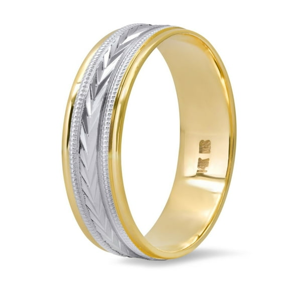14K Yellow and White Two-Tone Gold V-Pattern Solid Gold 6mm Unisex Wedding Band