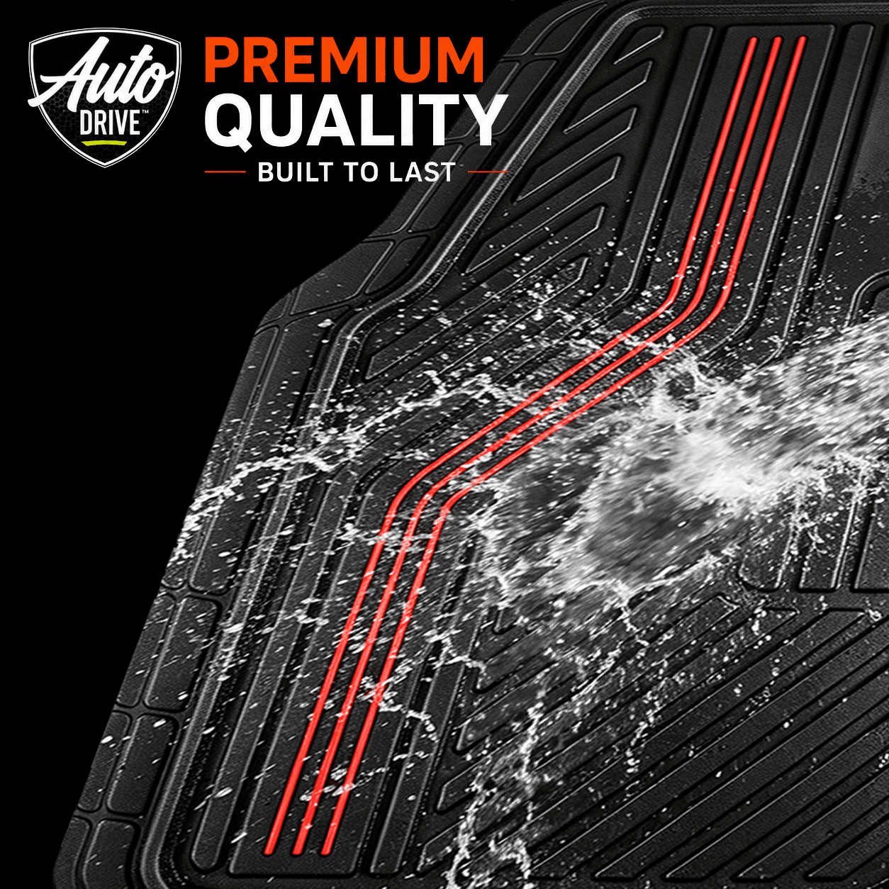 Auto Drive Automotive Floor Mats, Red, 3-Piece Rubber Set with Decorative Trim and Anti-Slip Backing