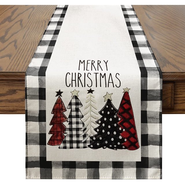 Waterclor Buffalo Plaid Christmas Trees Merry Xmas Camino de mesa, temporada de invierno, vacaciones, cocina, comedor, decoración de mesa para interior y exterior, hogar, fiesta, decoración, 13.0 x 108.0 in esquí esquí Gafas de esquí