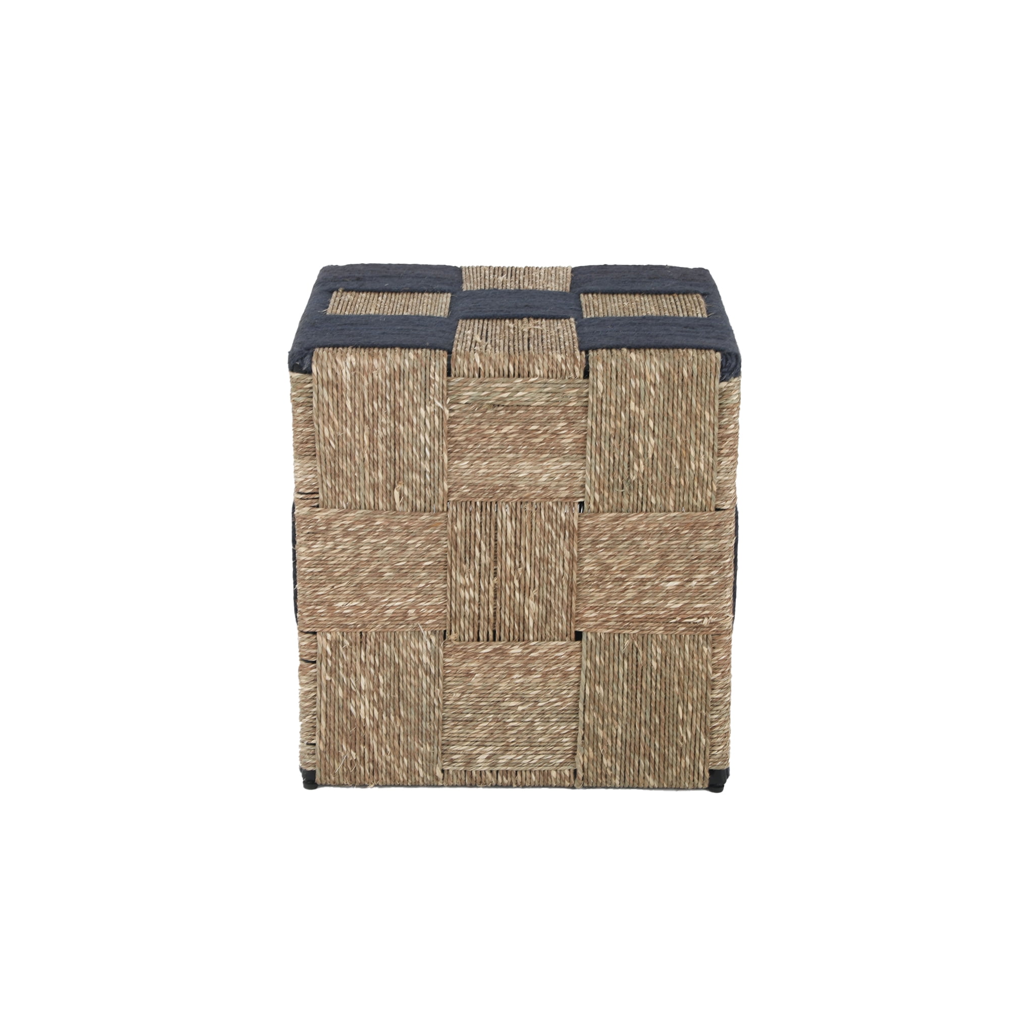 Ox Bay Eros Transitional Wrought Iron Hand Made Indoor Square Stool, Blue/Natural, 17" W x 17" D x 18" H