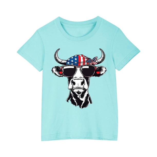 Vestido Corto de Verano Niños Niños Niñas Camiseta de Algodón Cuello Redondo Lindo Día de la Independencia Imprimir Top