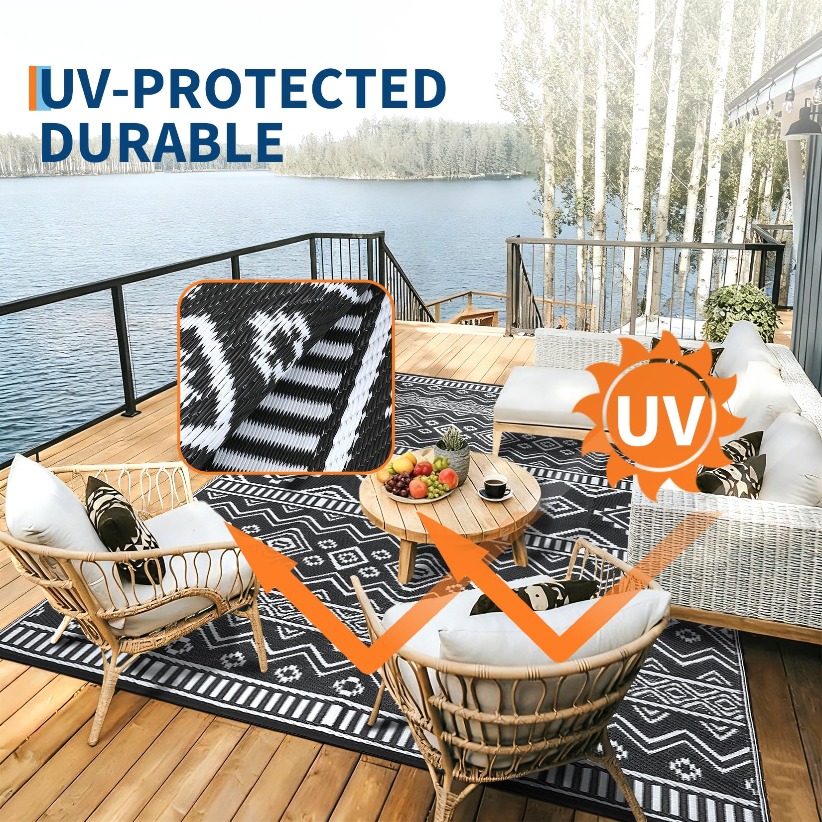 HIWEAVER 8' x 10' Black/White Outdoor Rug PP Plastic Straw Woven Waterproof Patio Rug with Border Portable Outside Carpet for Balcony Deck Picnic Garden Decor