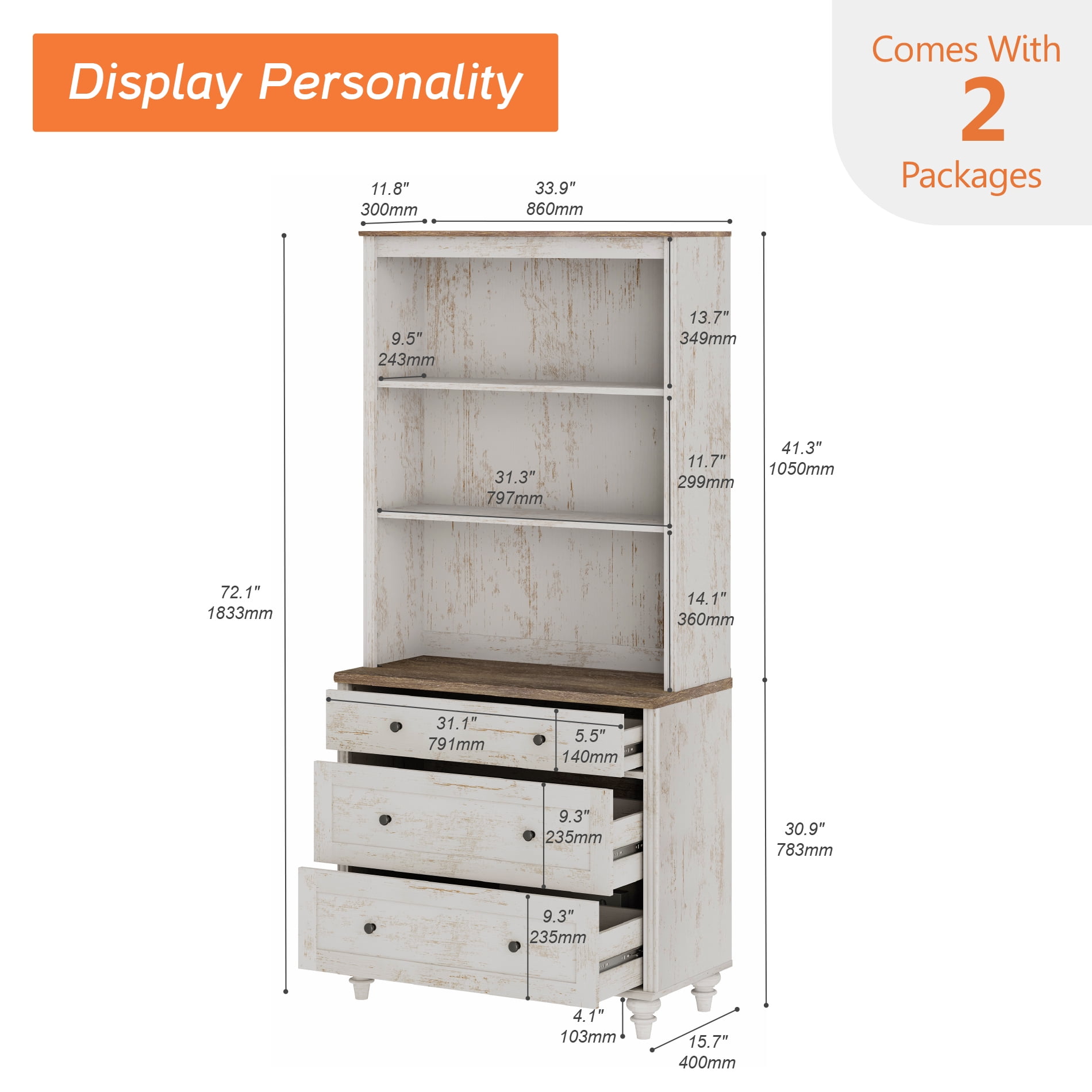 Farmhouse 5 Tier Bookcase With 3 Drawers, Rustic White, 33.9" W