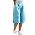 thumbnail image 2 of YUGYXL Womens Cotton Linen Capri Pants Button Up Stretch Waist Capris with Pockets Summer Wide Leg Pants Holiday Lounge Pants Sky Blue S, 2 of 9