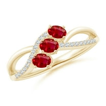 ANGARA Natural Oval Ruby Three Stone Bypass Ring with Diamonds in 14K Yellow Gold for Women (Size-4x3mm) | July Birthstone, Birthday, Anniversary, Jewelry Gift for Women | Natural Ruby Ring