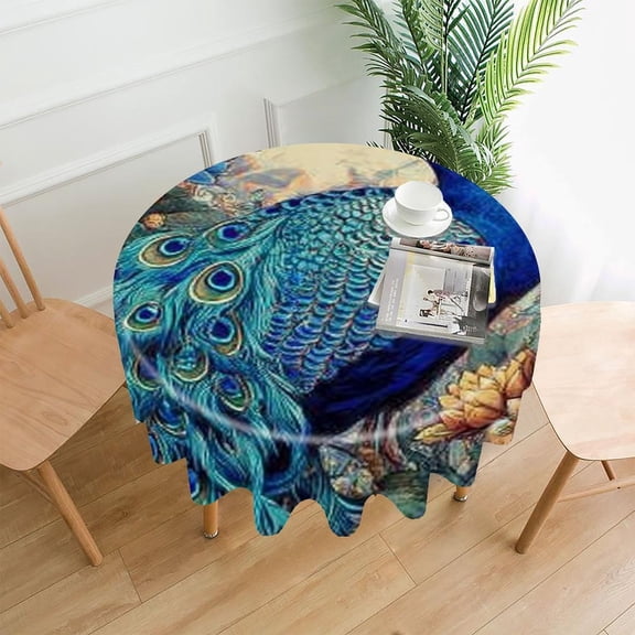 RKSupls 60 Inch Round Tablecloth, Peacock Flowers Garden Premium Polyester Straight Edge Wrinkle Resistant Washable Table Cover for Party Home Dining Decor