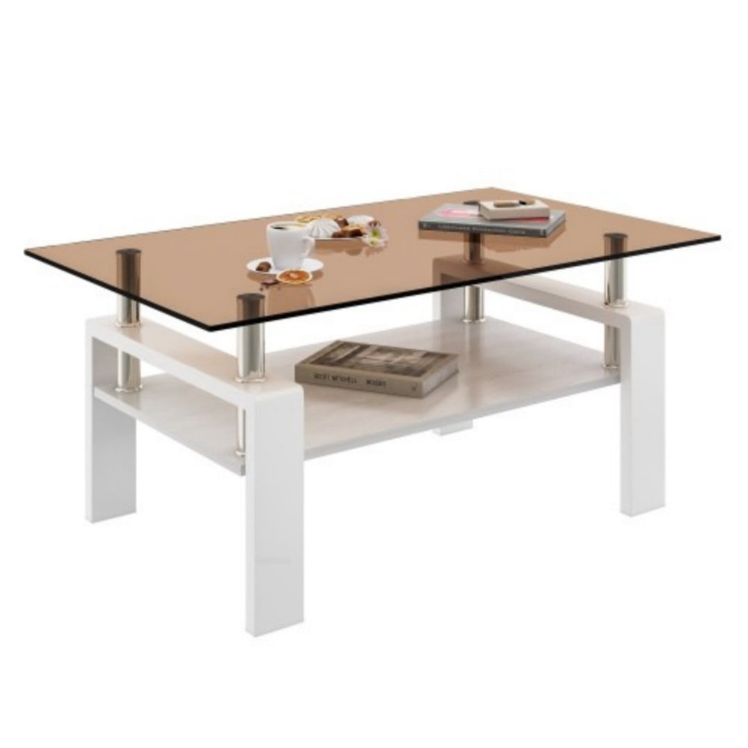 Rectangle Coffee Table, 39.2" Brown Tempered Glass Tabletop with White MDF Storage Shelf and Iron Legs, Modern Clear Glass Center Table for Living Room, 220 lbs