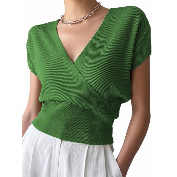 Gynyvoja Women'S V-Neck Wrap Front Ribbed Knit Short Sleeve Fitted Cropped Sweater Tos Green L