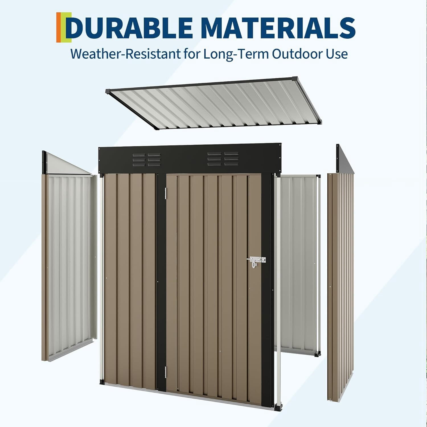 EuKer Metal Storage Sheds, 5ft x 3ft Small Outdoor Storage Shed with Lockable Door for Garden, Backyard, Brown