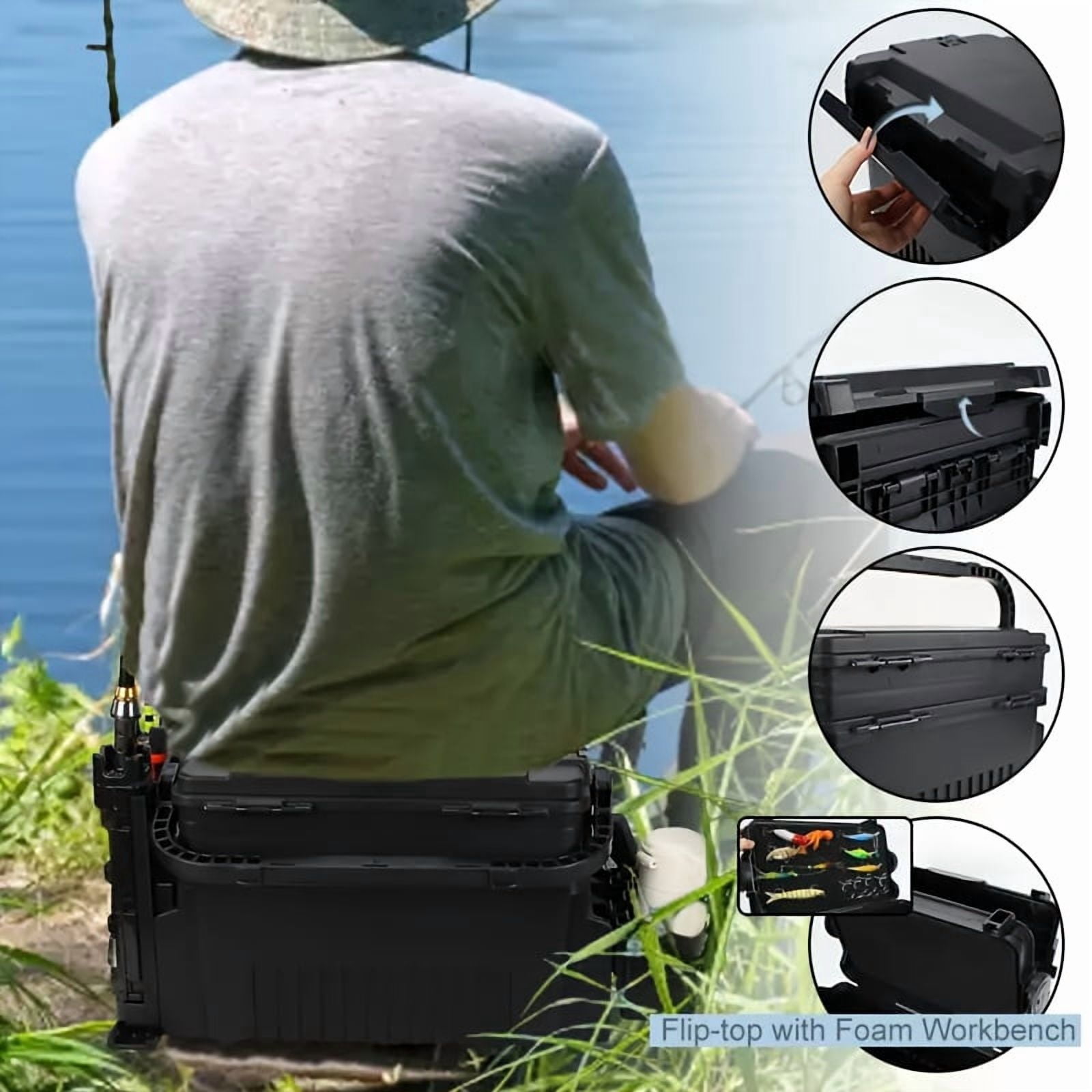 2.91Gal Dual-Layer ABS Fishing Tackle Box with 2 Rod Holders and 2 Cup Holders, Large Outdoor Fishing Storage Case