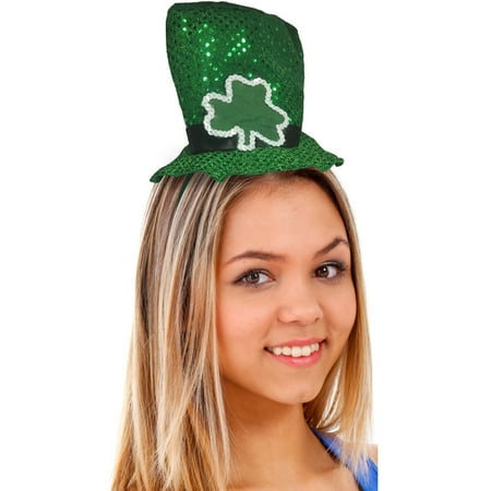 Green St. Patrick's Day Shamrock Sequin Mini Top Hat On Head Band