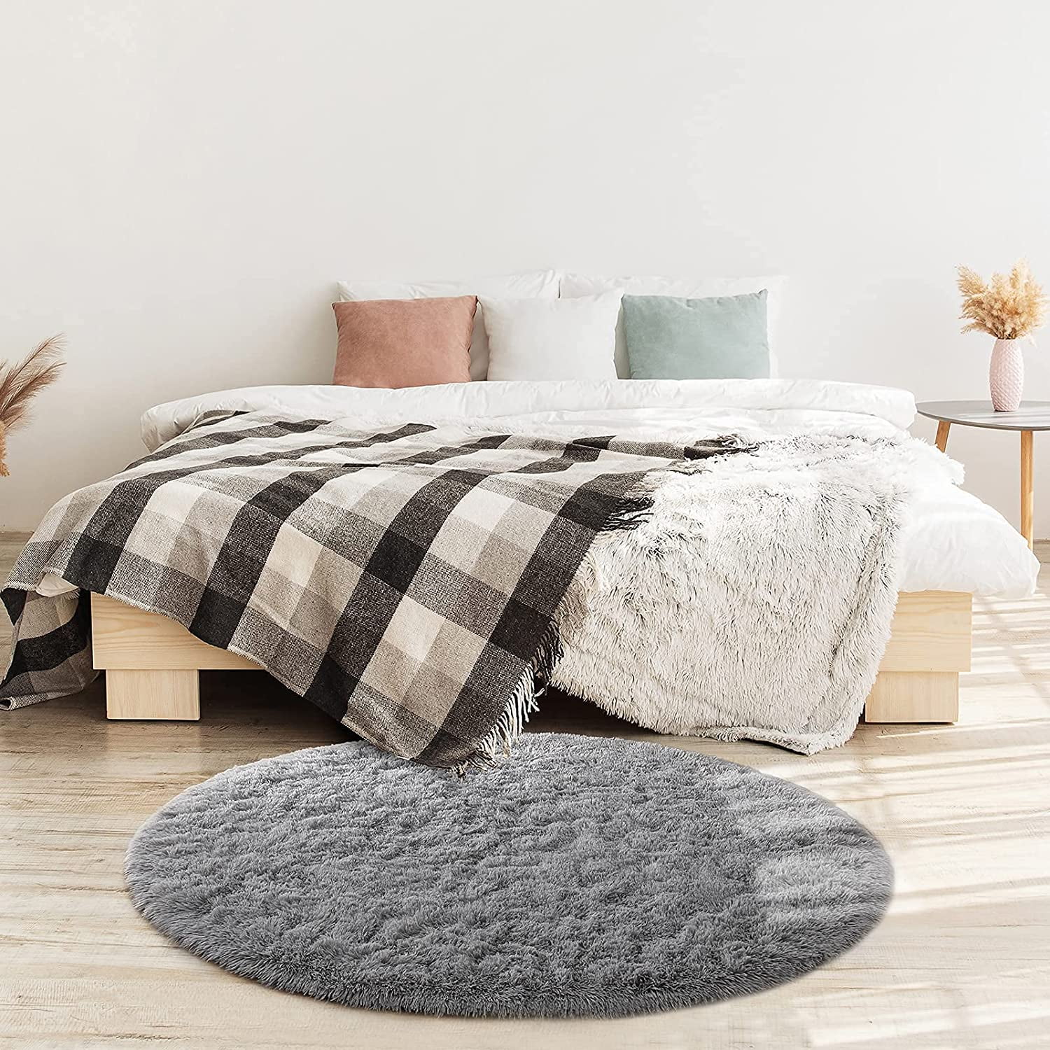 DweIke Round Rug for Bedroom,Soft Shaggy Area Rugs for Living Room Decor,Fluffy Circle Carpets for Nursery,6'x6',Gray