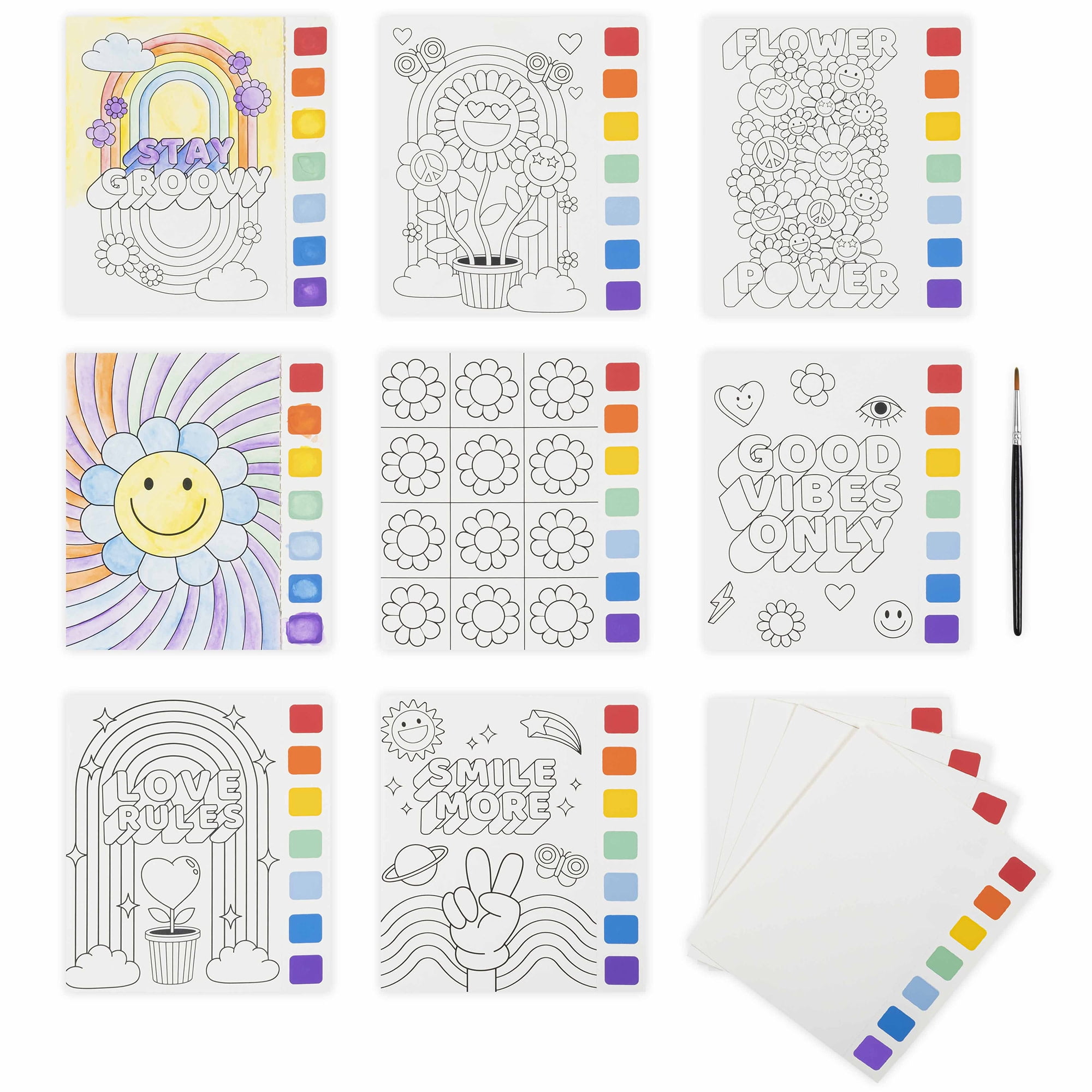Vivid by Brea Reese: Watercolor Pad Kit - Rainbow - 8 Retro Groovy Themed Designs & 4 Blank Sheets, 12 Detachable Paint Palettes, Brush, Art Activity