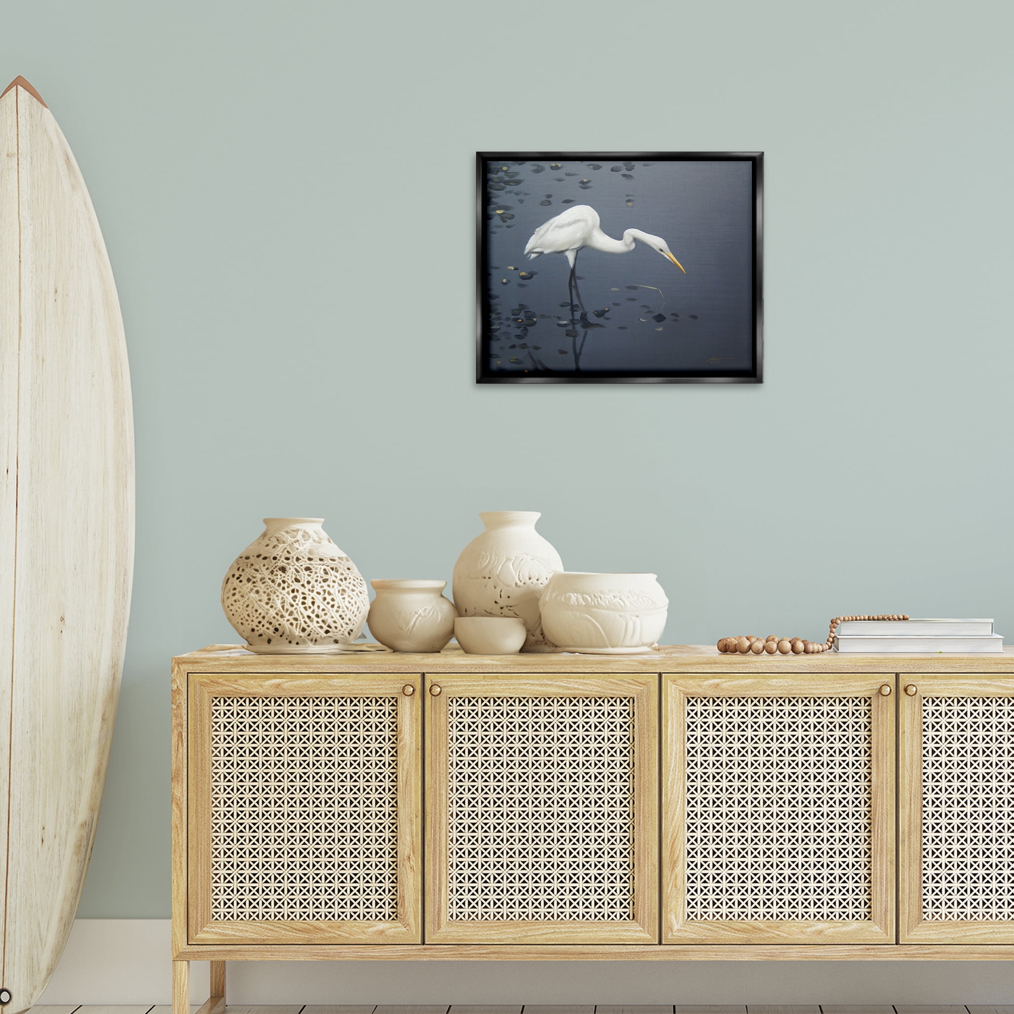 Stupell Industries Graceful Egret in Lake Animals & Insects Painting Black Floater Framed Canvas Art Print Wall Art, 21 x 17