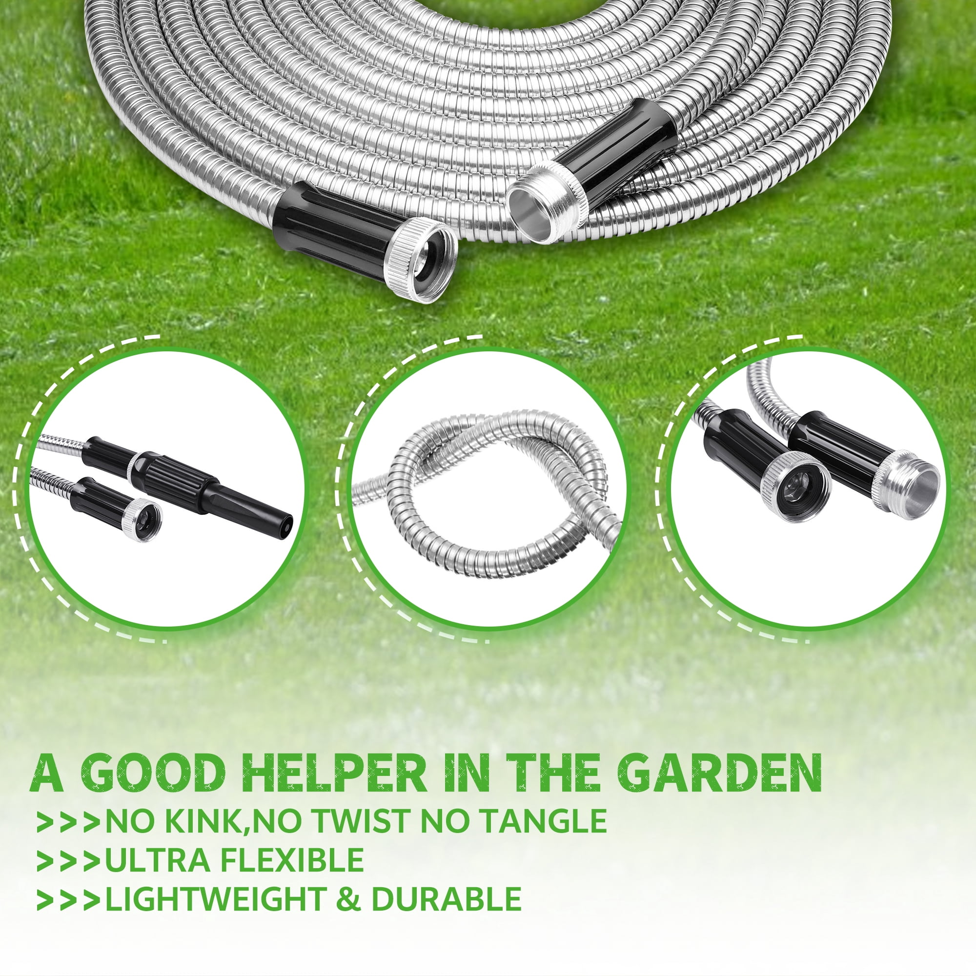 75ft 304 Stainless Steel Garden Hose Flexible Lightweight Out-layer Over Metal Water Hoses with Nozzle for Watering Garden Patio