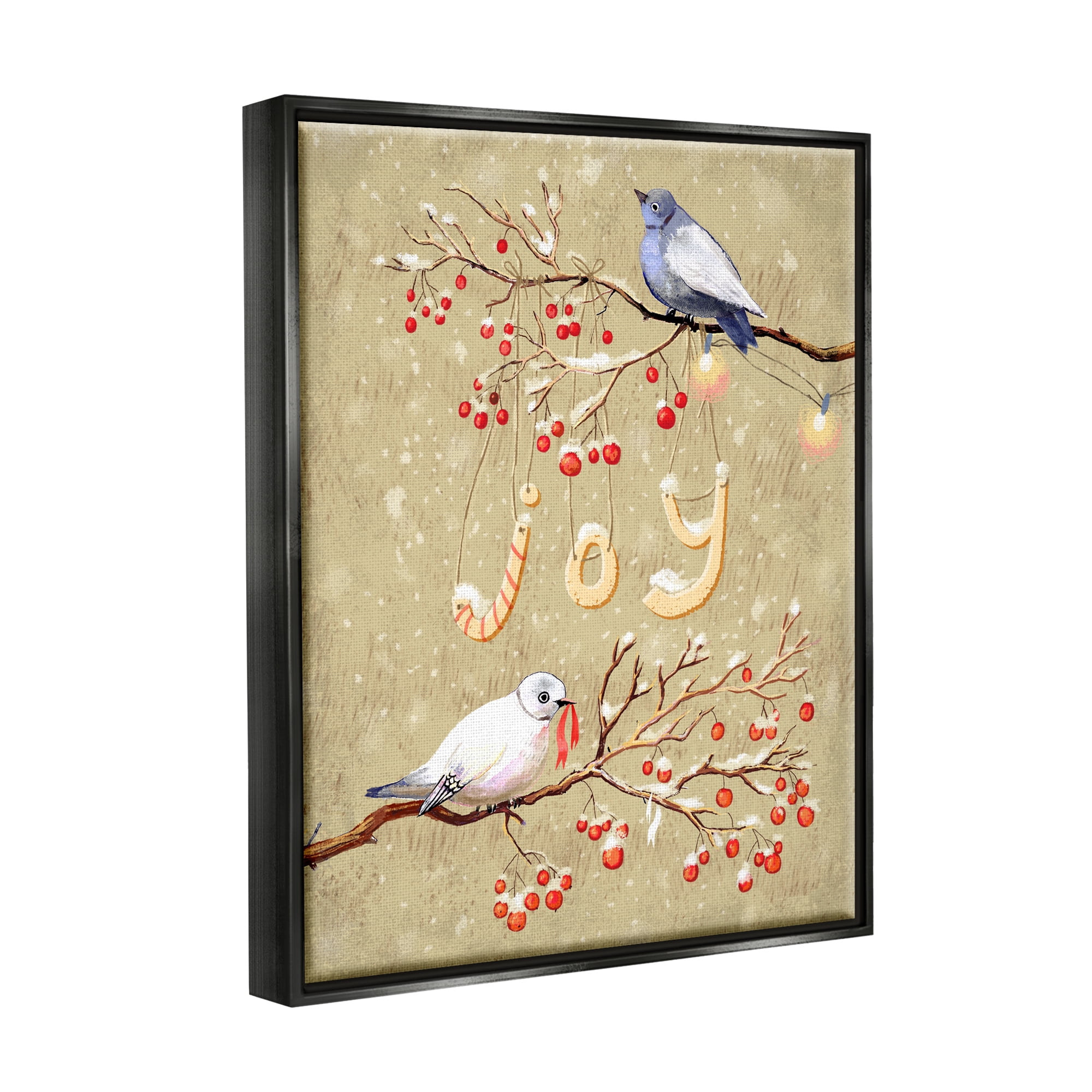 Stupell Industries Joy Birds on Winter Branches Holiday Painting Black Floater Framed Canvas Art Print Wall Art, 25 x 31