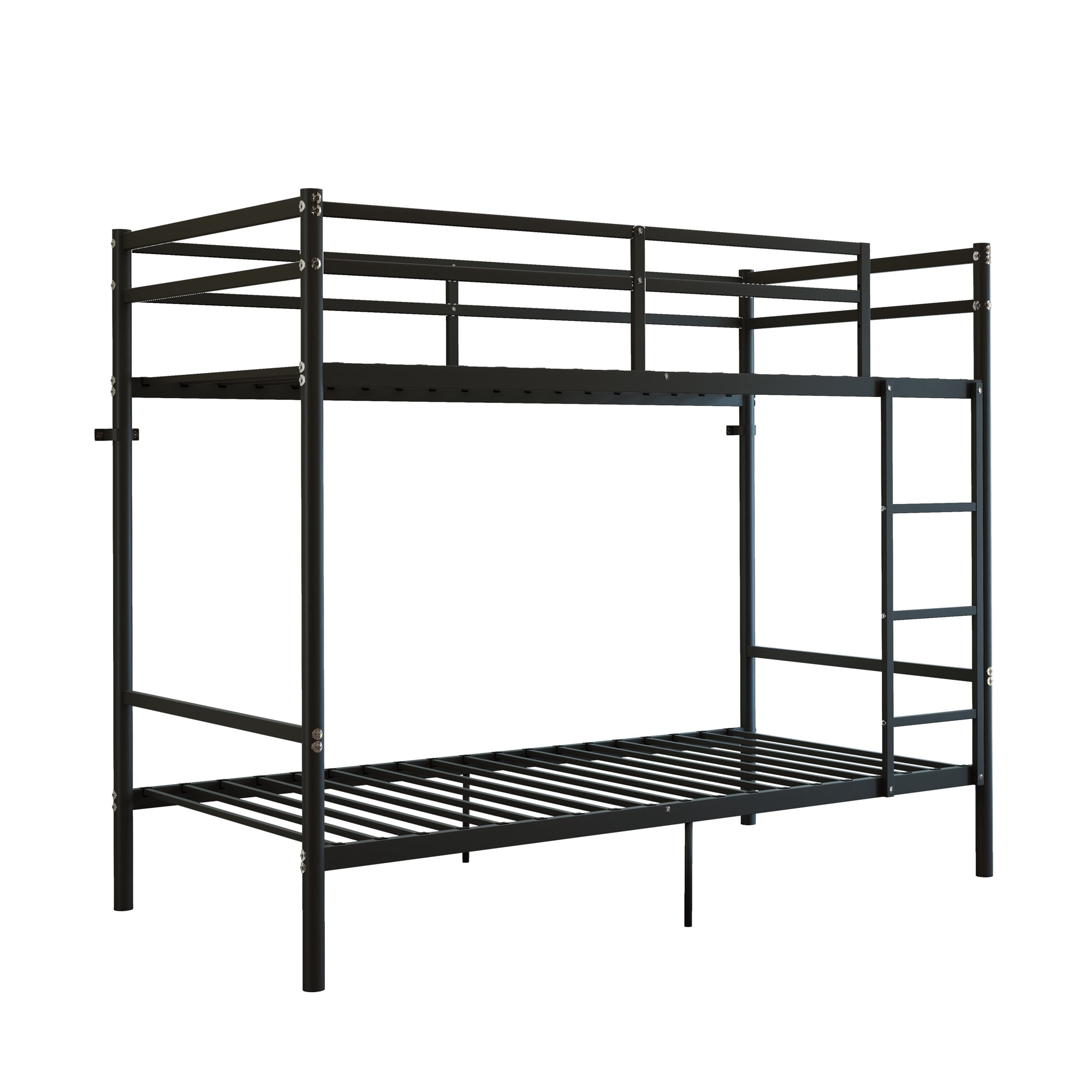 Metal bunk bed, suitable for children/teenagers/adults, with 14.29-inch high safety rails, 19 crossbars on each bunk, single-bunker support of 400 lbs or more, and storage space under the bed. Black