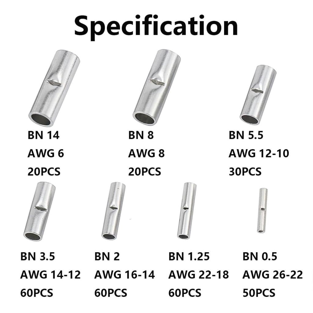 300Pcs Butt Wire Connector Coppers Tinned Splices Crimp Terminals Sleeve Bare Terminals Crimping Connectors Enduring