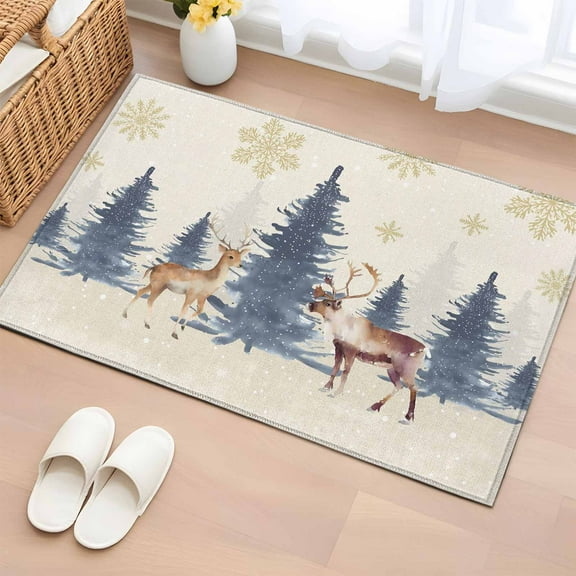 Christmas Tree Elk Bathroom Rug Washable 2x3 Entryway Rug Non Slip Farmhouse Golden Snowflake Xmas Front Door Mat Low Pile Indoor Doormat Throw Floor Carpet for Kitchen Bedroom Entrance