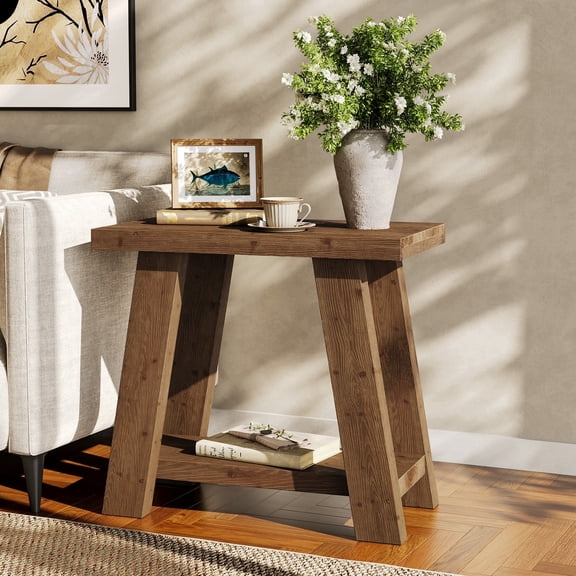 Fnova Solid Wood 2-Tier End Table, Small Side Table with Storage Shelf for Couch, Bedside Table for Bedroom, Easy Assembly, Natural