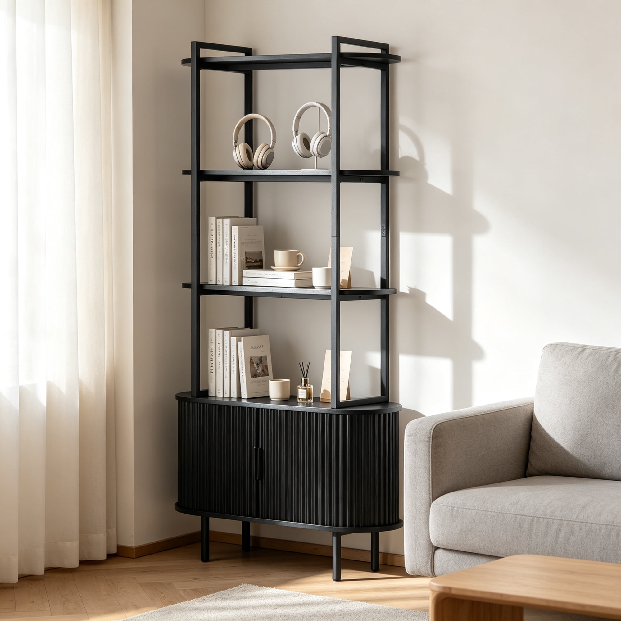 Bookshelf 71 Tall Bookcase with Storage Cabinet Book Shelves Stand with Fluted Sliding Doors 4-Tier Open Display Shelf Organizer for Bedroom Living Room Home Office Bathroom (Black)
