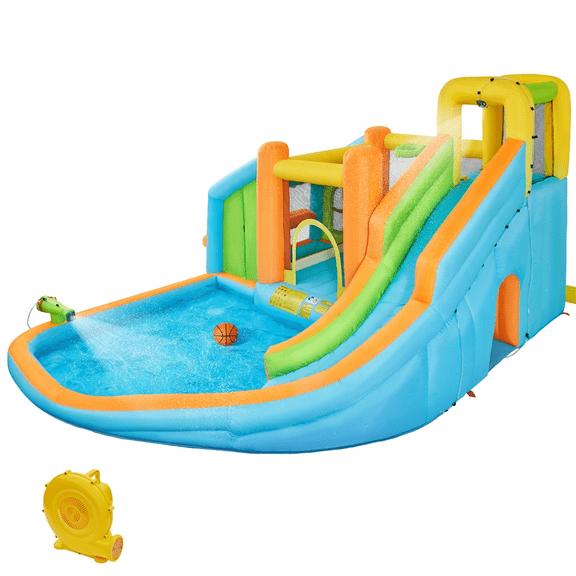 Yaheetech Inflatable Bounce House With Water Slide For Kids, Splash Pool & Water Cannon & Toy Market Stand & Bouncer Area & Climbing Wall & Slide & Basketball Hoop, Storage Bag & 520W Blower,Cyan