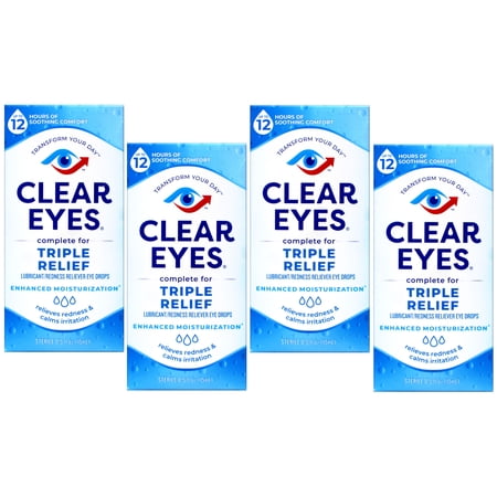 Clear Eyes Triple Relief Eye Drops, Relieves Redness & Calms Irritation, 0.5 Fl Oz - 4 Pack