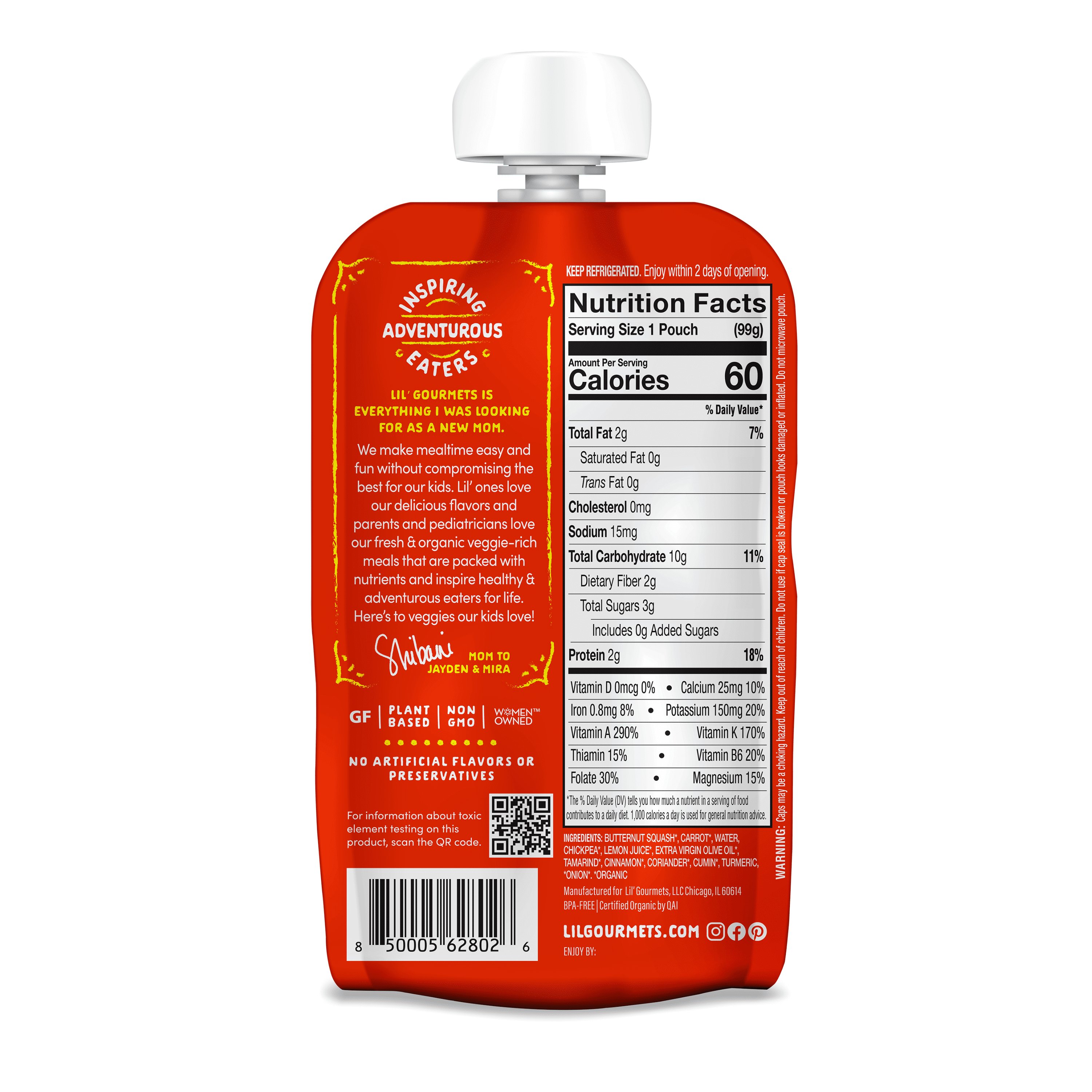(4 pack) Lil’ Gourmets Refrigerated Stage 2 Baby Food, Moroccan-Inspired Butternut Squash & Carrot, 3.5 oz Pouch