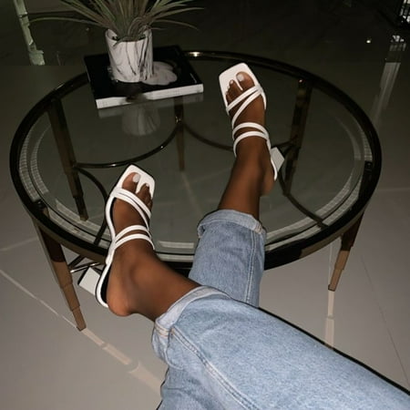

Alueeu Women s sandals Women Solid Color Square Toe Party Sexy Narrow Band Sandals Square Heels Shoes