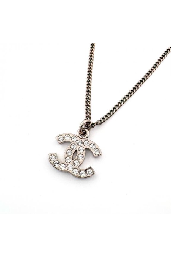 Pre-Owned CHANEL Coco Mark CC Rhinestone Silver Necklace 2009 09V Chanel