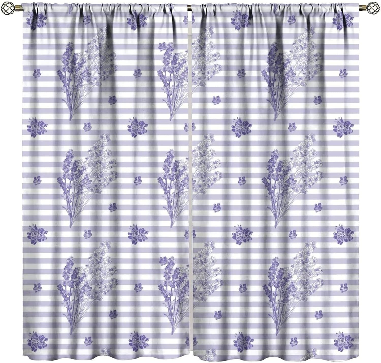 Lavender Floral Curtains - Purple Stripe Print Living Room Curtains for Girls - Blackout Comfortable Elegant 52x84 Inch 2 Panels
