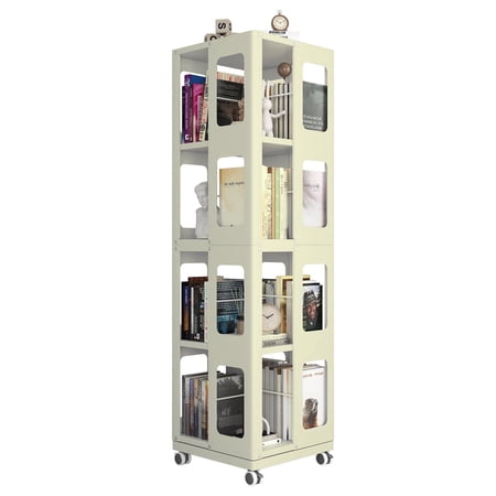 Silkight Book Shelf 4 Tier All-Steel Rotating Bookshelf with 360° Wheels Large Size Shelves Corner Book Shelf for Kids Rooms Easy Assembly