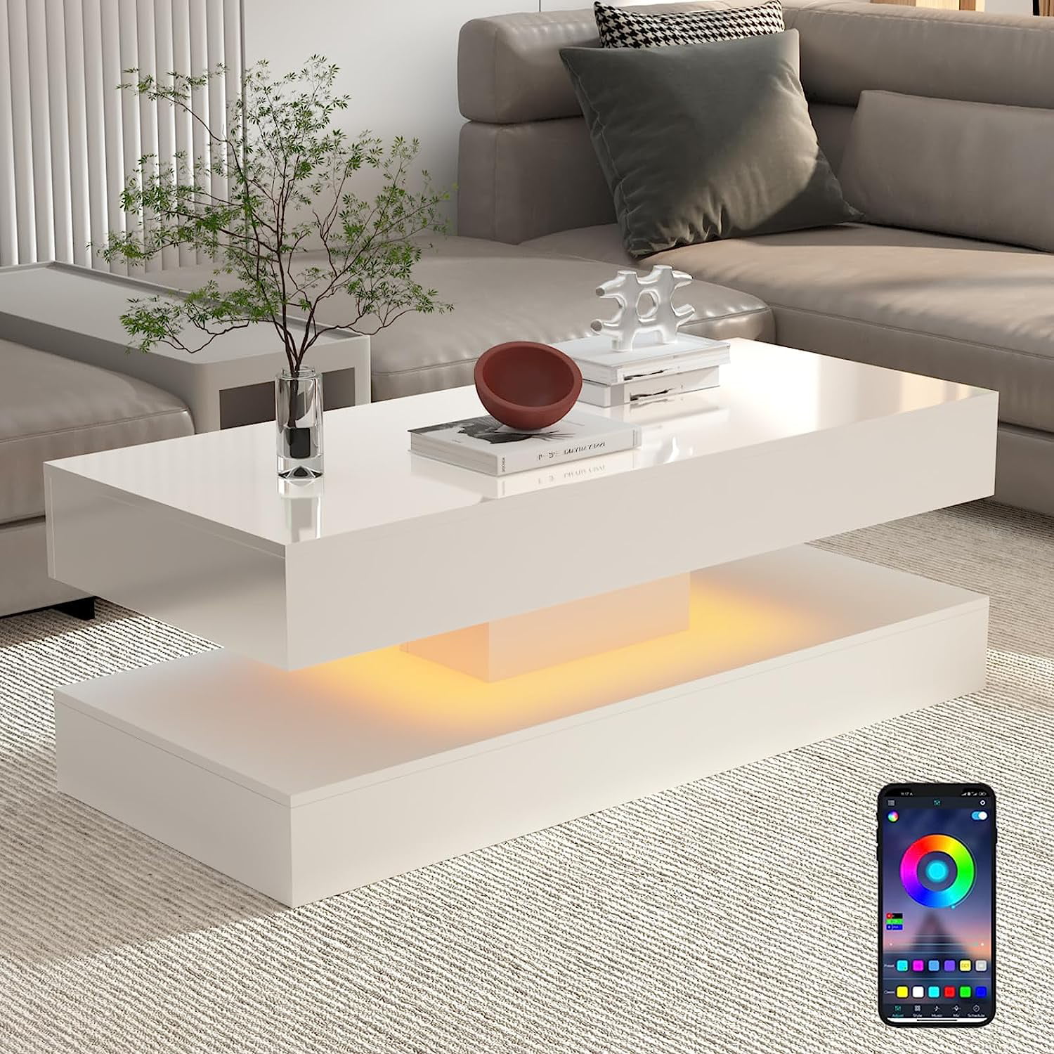 ChVans 47.3 in High Glossy LED Coffee Table with 2 Storage Drawers ...