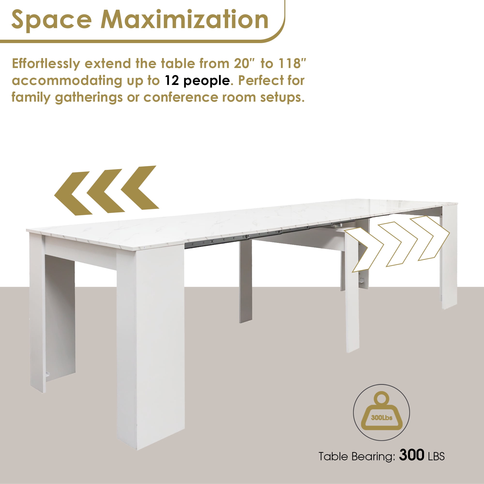 20"-118" White Marble Extendable Dining Table for 2-12 People, Modern Modular Extension Table, Space-Saving Extra Long Folding Dining Table, Multifunctional Conference Meeting Table