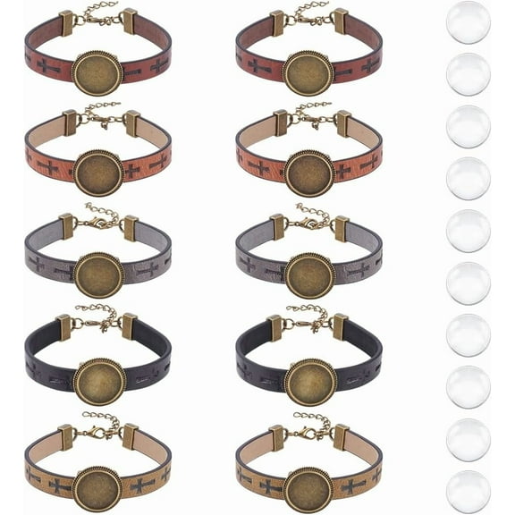 10Pcs 5 Colors Leather Bracelet Making Kit 18mm Tray Bronze Adjustable Bracelet Hollow PU Leather Bracelet with Flat Round Metal Tray Settings and Glass Cabochons for DIY