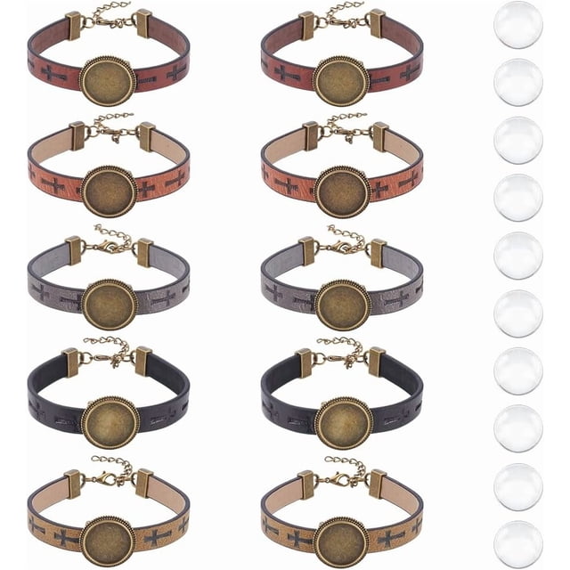 Kit para hacer pulseras de cuero de 10 piezas y 5 colores, bandeja de 18 mm, pulsera ajustable de bronce, pulsera hueca de cuero PU con engastes planos redondos de metal y cabujones de vidrio.