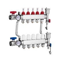 KFFKFF 5-Path Hydronic Floor Heating Manifold, Stainless Steel, Compatible with 1/2" PEX Pipes, Includes 1/2" Connectors for Efficient Radiant Floor Warming