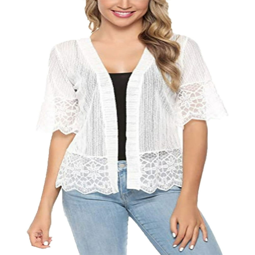 EIMELI Women Open Front Shrug Short Sleeve Lace Patchwork Sheer Cover Up