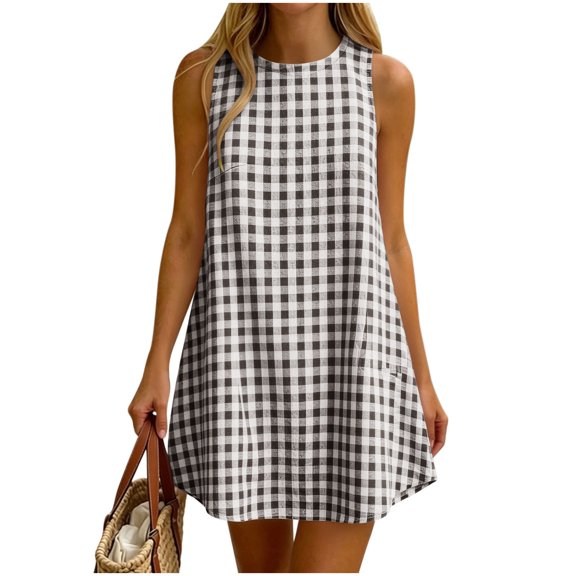 Vynhevius Womens Plaid Shift Dress Crew Neck Sleeveless Back Button Casual Mini
