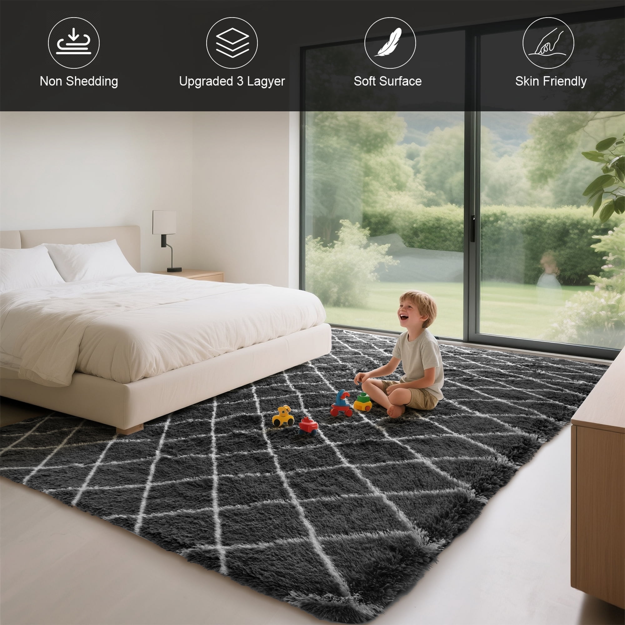 CozyDesg Shag Area Rugs,5'x7' Soft Fluffy Shaggy Carpet for Living Room,Large Rug for Bedroom Dining Room Home Decor Room Decor,Black & White